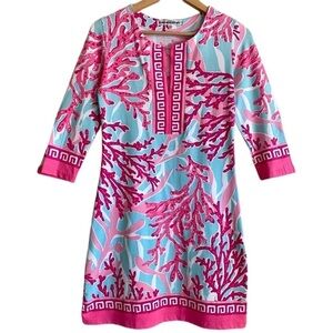 BARBARA GERWIT Vibrant Colorful Stretchy Coral Print Sheath Dress Size XS